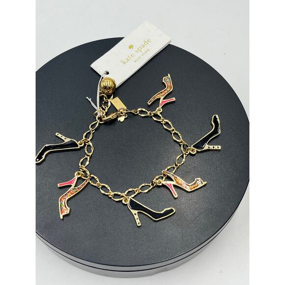 Kate Spade New York "Shoe In" Black Pink Shoe Heel‎ Glitter Charm Bracelet New - Picture 3 of 8